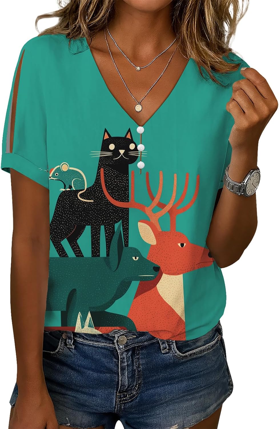 Women's Hollowed Sleeve T-Shirts Funny Animal Pattern Printed Top Summer V Neck Lightweight Comfy Shirts
