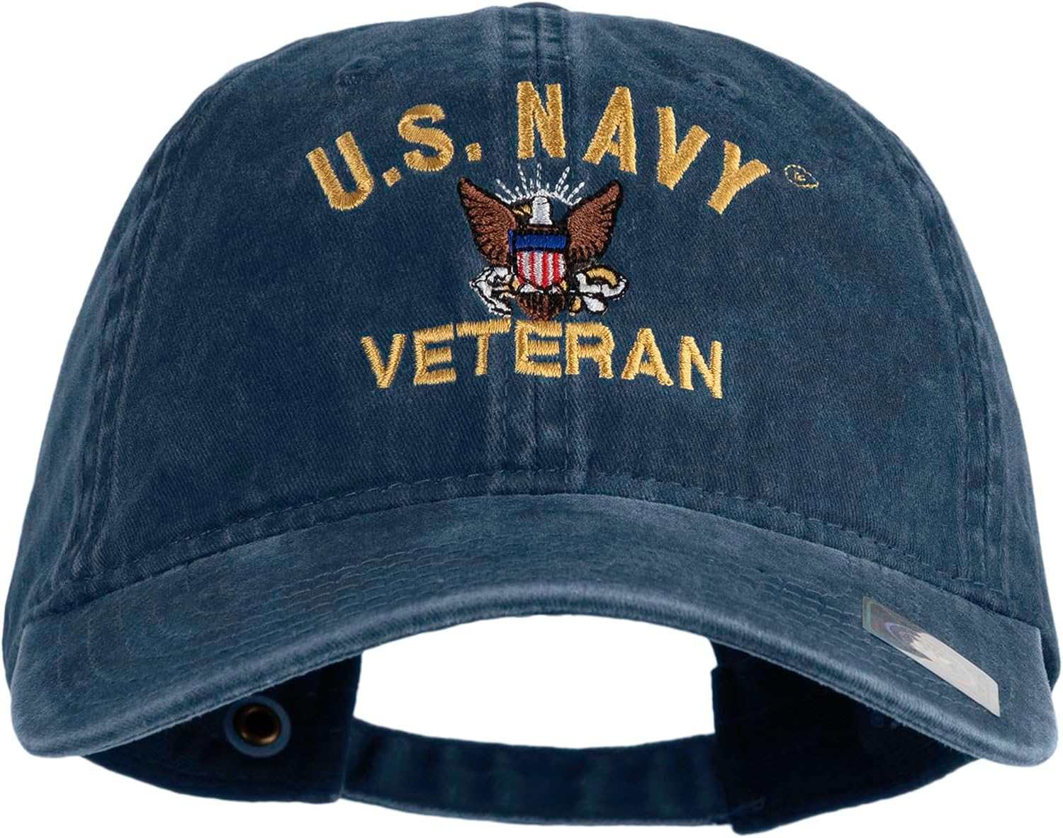 US Navy Veteran Military Embroidered Washed Solid Pigment Dyed Cotton Twill Brass Buckle Cap