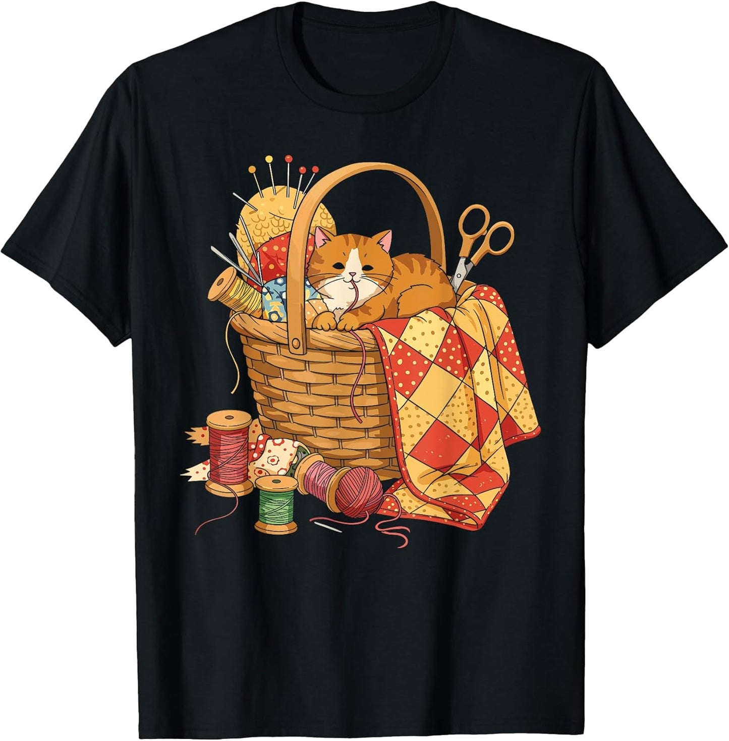 Cute Cat in Sewing Basket Quilting Lover T-Shirt for Men Women Kids