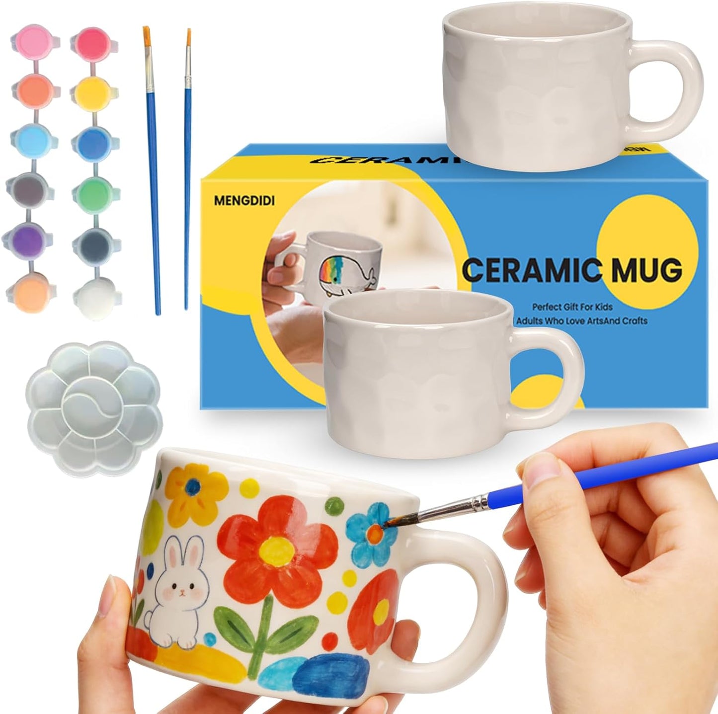 Paint Your Own Mug Kit for Adults Kids, DIY Ceramic Mug Painting Set with 2 Blank White Coffee Mugs, Paints and Brushes, Creative Craft Gift for Mother’s Day, Father’s Day & Valentine’s Day
