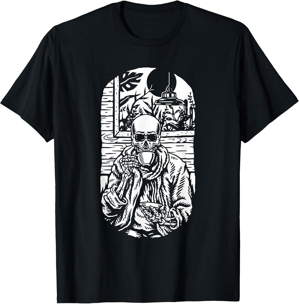 Human Skeleton Drinking Coffee Scary Smiling Skull