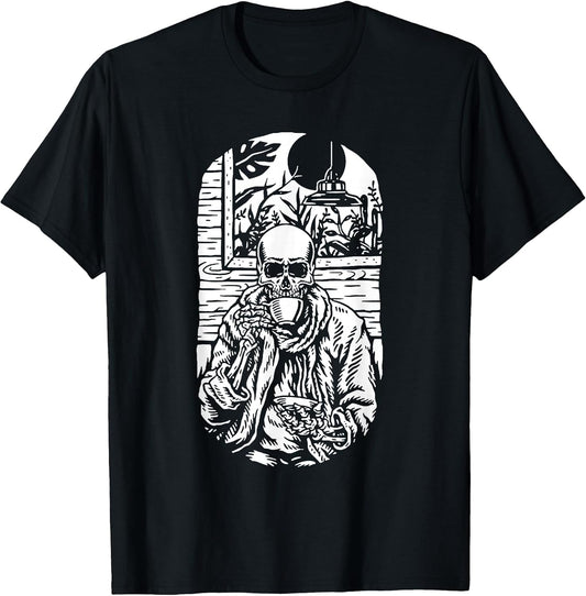 Human Skeleton Drinking Coffee Scary Smiling Skull