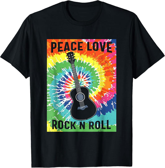 Peace Love Rock n Roll Tie Dye Hippie Guitar Music Retro T-Shirt
