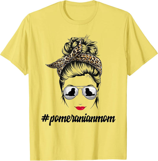 Pomeranian Dog Mom Messy Bun Leopard Women Puppy Pet Lover T-Shirt