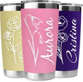 Personalized 20 oz Engraved Tumbler – Custom Name and Birthday Flower Stainless Steel Insulated Travel Cup, Double-Wall, Keeps Drinks Hot & Cold, Durable Coffee Mug – Gift for Her, Made in USA.