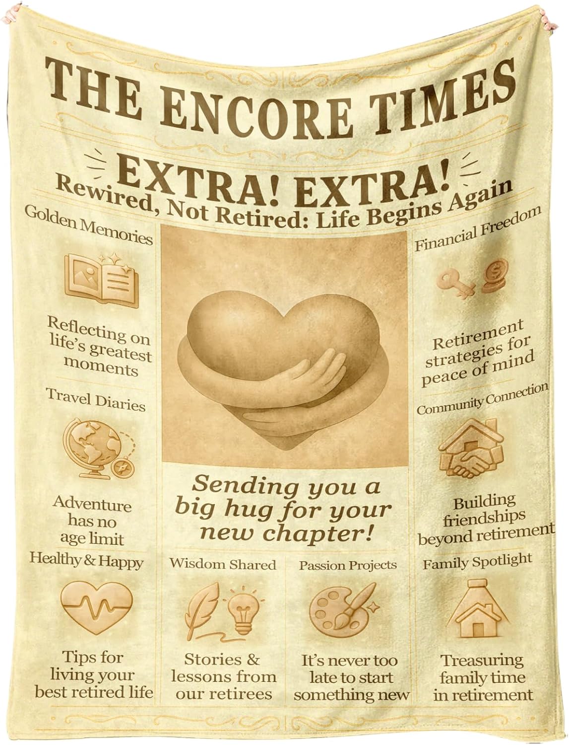 Retirement Blanket 60x50 - Soft Flannel Newspaper Front Page Throw Big Hug Message - New Chapter Gift for Women Men Teacher Nurse - Coworker Farewell Keepsake Cozy Decor