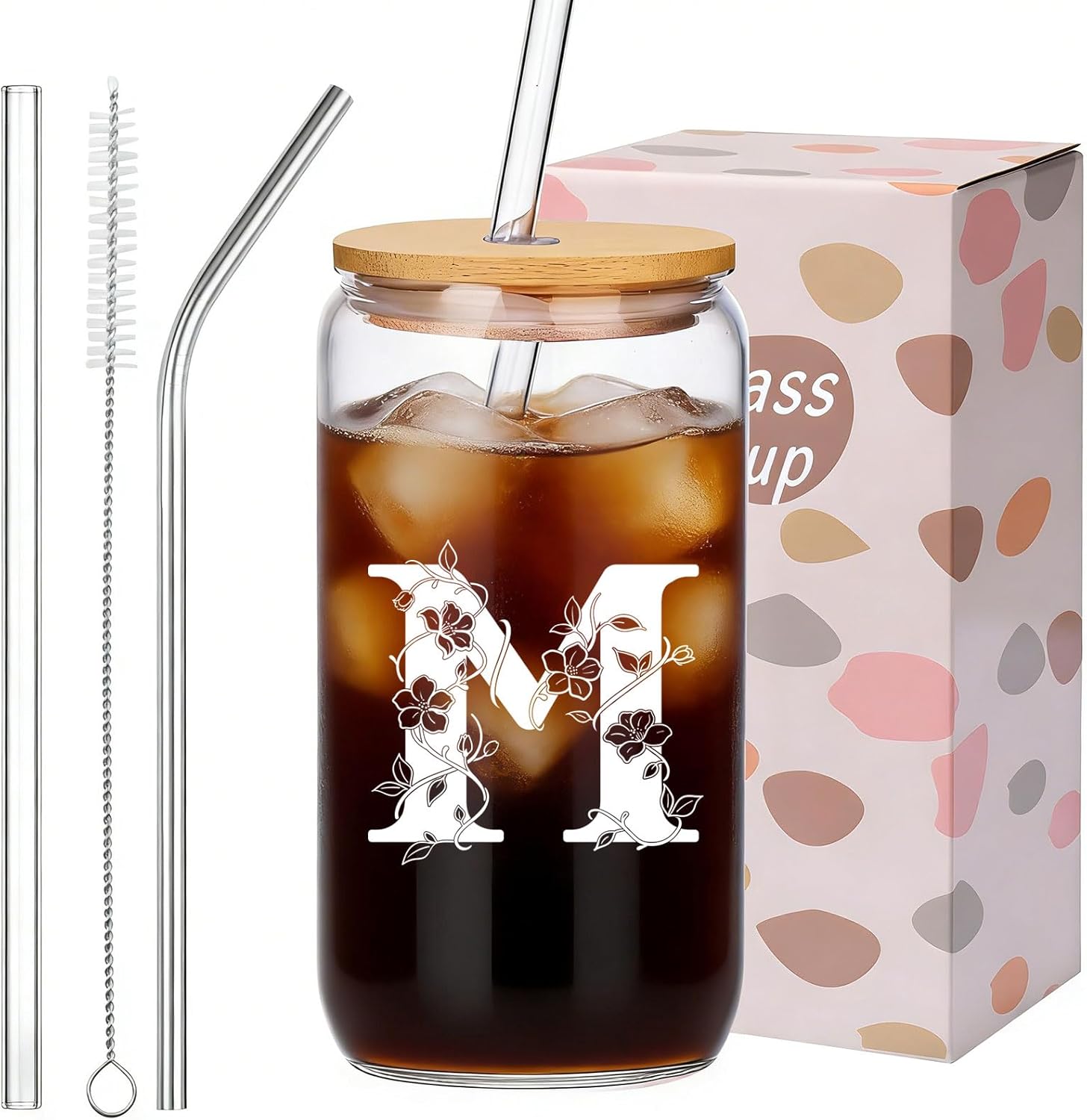 Personalized Gifts for Women, Monogrammed Glass Cups with Lids and Straws, Customized Gifts for Women, Cute Design Initial Iced Coffee glasses, Custom Letter Mug, Birthday Bridesmaid,M