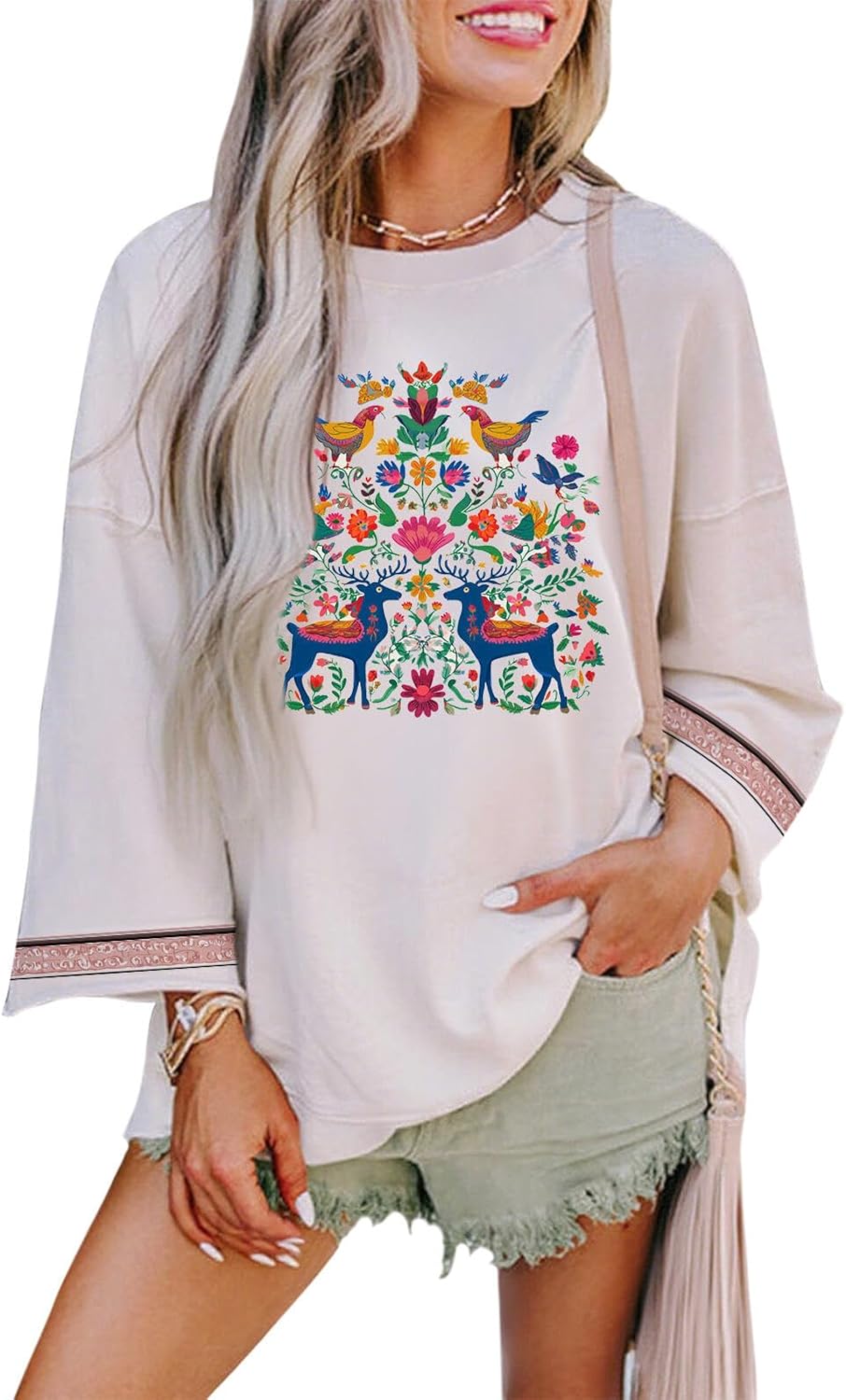 Womens Flower Graphic Tee Loose Fit Cotton Blend Autumn Floral Print Top Decorative Sleeve Casual Blouse