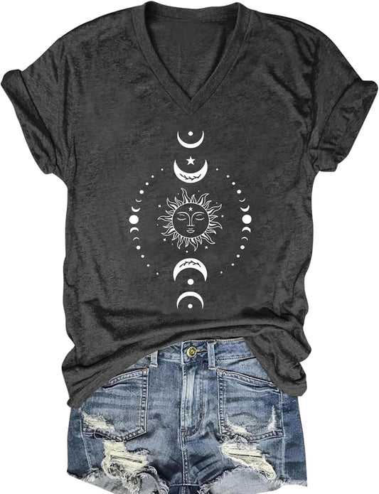 Women's T-Shirts V-Neck Summer Graphic Tee Vintage Boho Flowers Short Sleeve T Shirt Tops