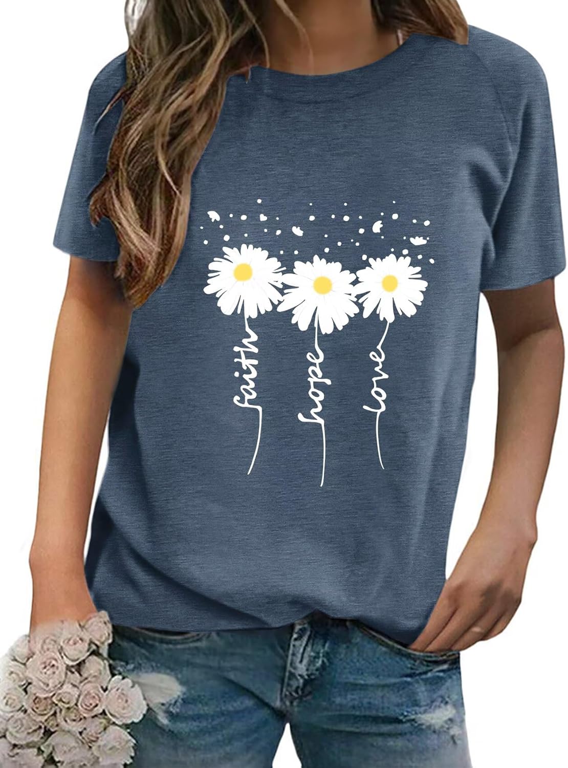 Women Crewneck Daisy Print Short Sleeve T-Shirts Summer Faith-Hope-Love Tees Loose Fit Graphic Tops 2026