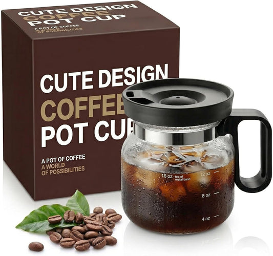 Unique Coffee Pot Mug 16oz with Lid, Glass Coffee Cup Gift for Coffee Lovers, Cute Pour Over Style Mug for Home & Office, Birthday & Holiday Gift