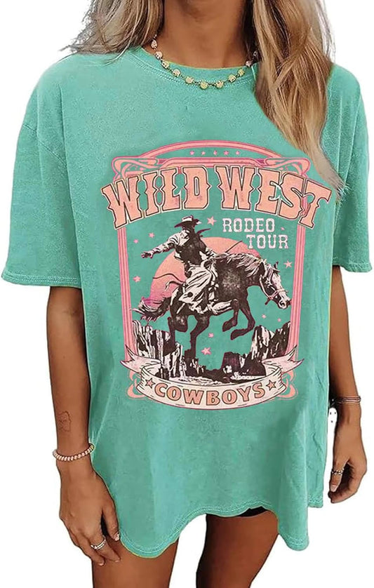 Oversized Wild West Cowboys T-Shirt for Women Vintage Country Music Tee Western Rodeo Graphic Tee Short Sleeve Loose Top