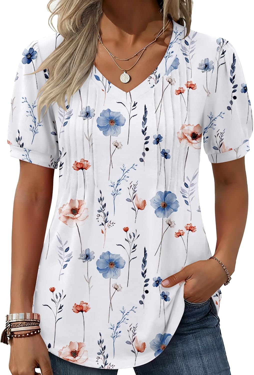 Women's Puff Short Sleeve Boho Shirts Casual V Neck Floral Solid Summer Blouse Pleated Tunic Top
