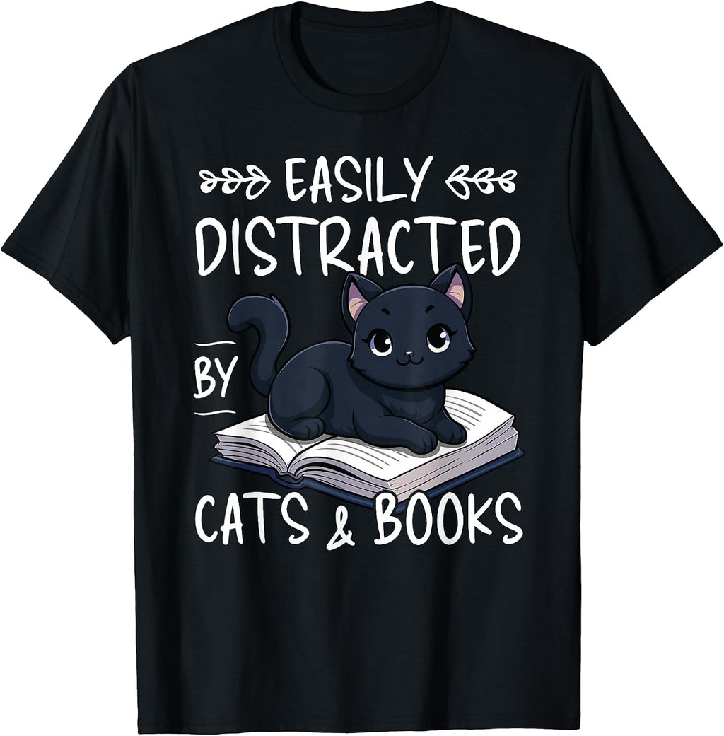 Easily Distracted By Cats & Books Black Cat And Book Lover T-Shirt