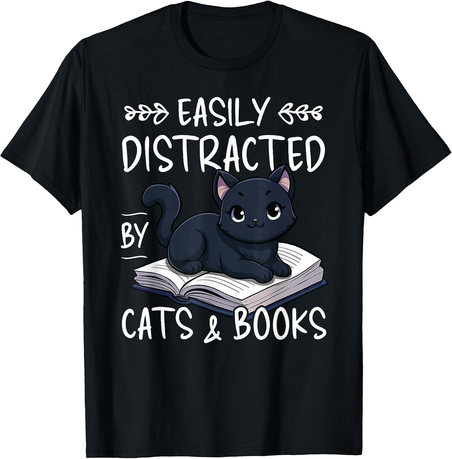 Easily Distracted By Cats & Books Black Cat And Book Lover T-Shirt