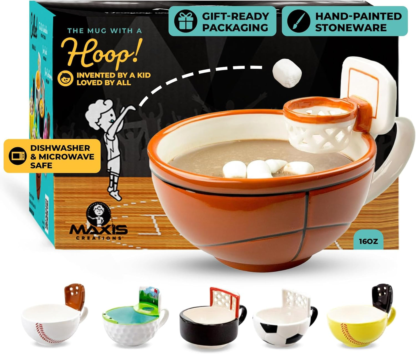 MAX'IS Creations The Mug with a Hoop Basketball Mug Funny Ceramic Coffee Mugs Cereal Bowl Sports Coach Kids Basketball Gifts for Boys 8-12 12-14 Girls Stuff Accessories Mini-Hoop for Kids, 16oz