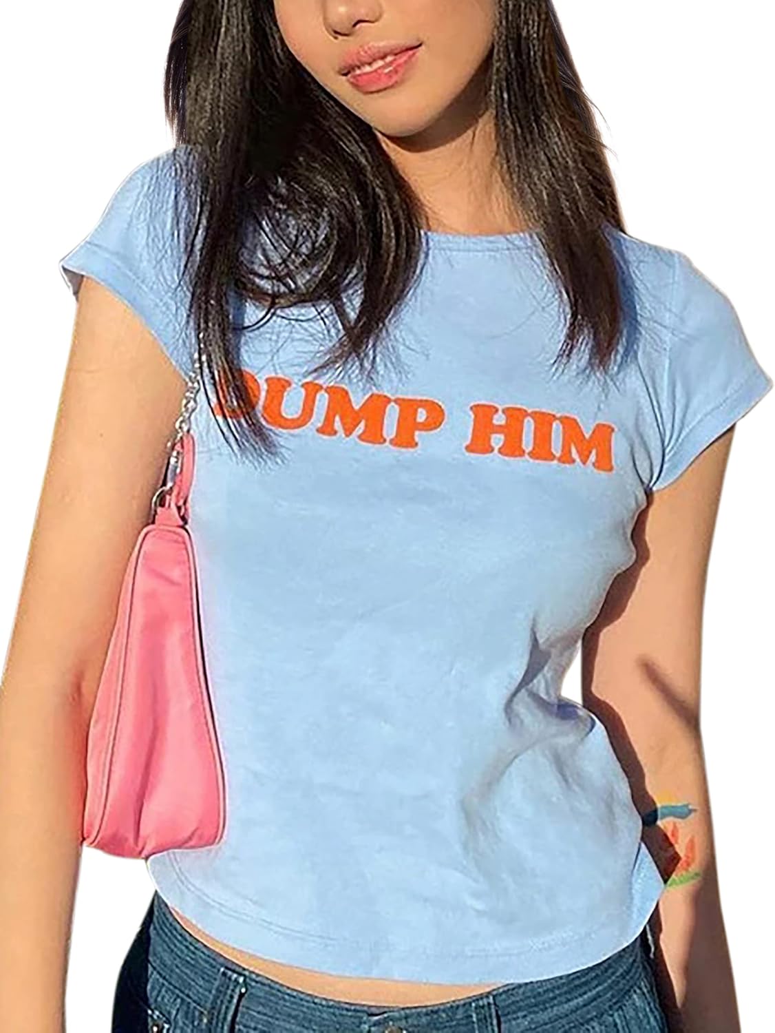 Women’s Dump Him Letter Print Crop T-Shirt Streetwear O-Neck Short Sleeve Crop Tops 2000s Aesthetics