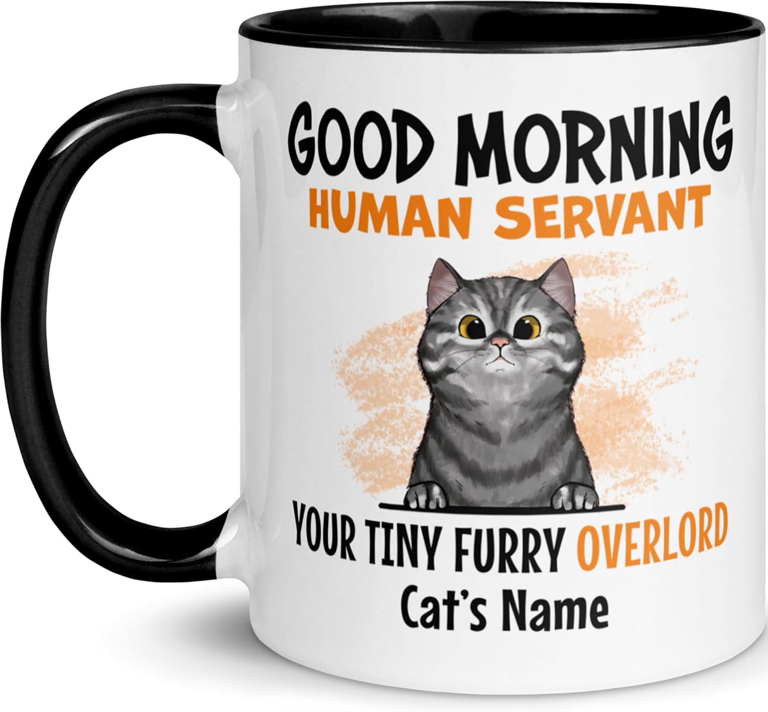 Cat Mug Personalized - 1-3 Pets - Custom Gift for Cat Dads & Moms - 75 Breed Choices - Good Morning Human Servant Message - 8 Coffee Cup Colors - 11oz & 15oz Ceramic
