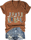 Western Country Shirt for Women Cowgirl Cartoon Boots V Neck Short Sleeve Tops Vintage Cowboy Graphic Tees