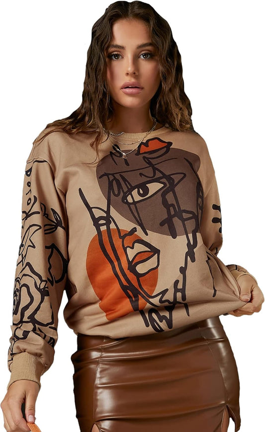 Women's Figure Graphic Print Sweatshirt Round Neck Long Sleeve Contrast Color Graffiti Pullovers