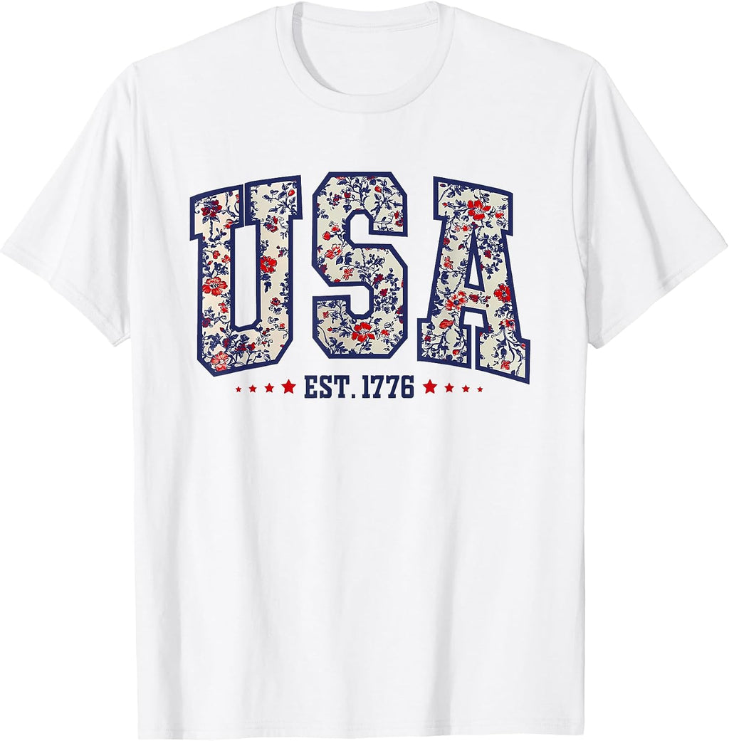 Floral USA Est 1776 Patriotic Wildflower 4th of July Retro T-Shirt