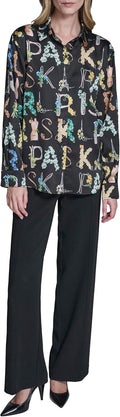 Women's Long Sleeve Collar Button Down All Over Print Oversized Blouse