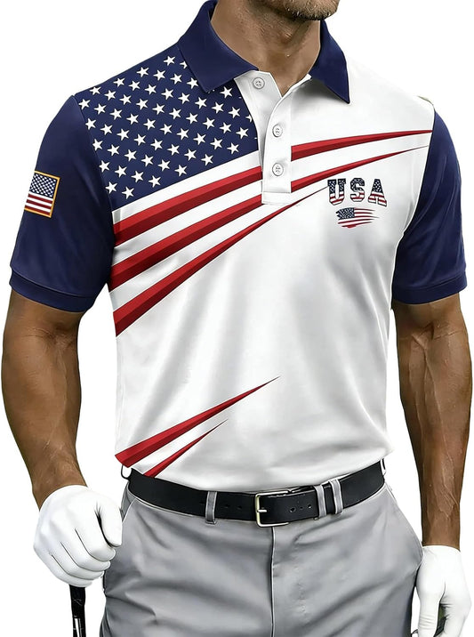 4th of July Shirts for Men - 250 Anniversary USA Polo Shirt, Short Sleeve Golf All Over Print Casual Summer Top