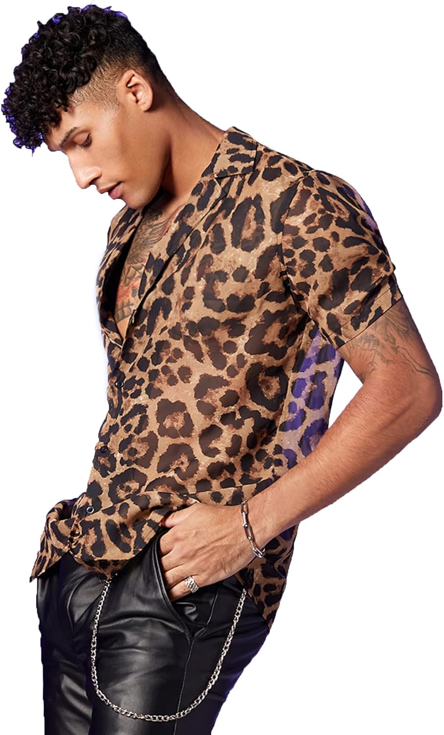 Men's Cheetah Print Top Leopard Sheer Mesh Short Sleeve Button Down Shirt Blouse