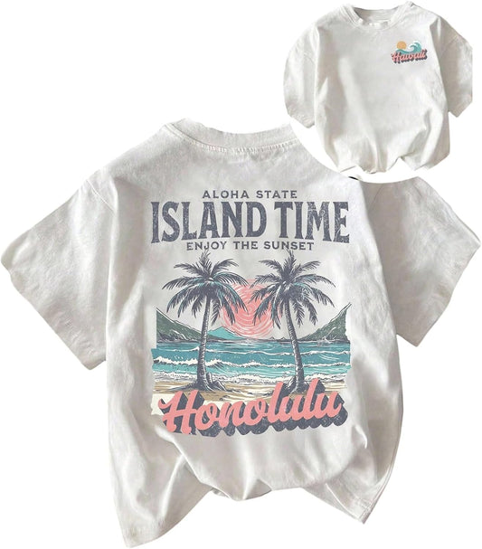 Women's Hawaiian Beach T Shirts Tropical Graphic Tess Short Sleeve Tops Vacation Clothes
