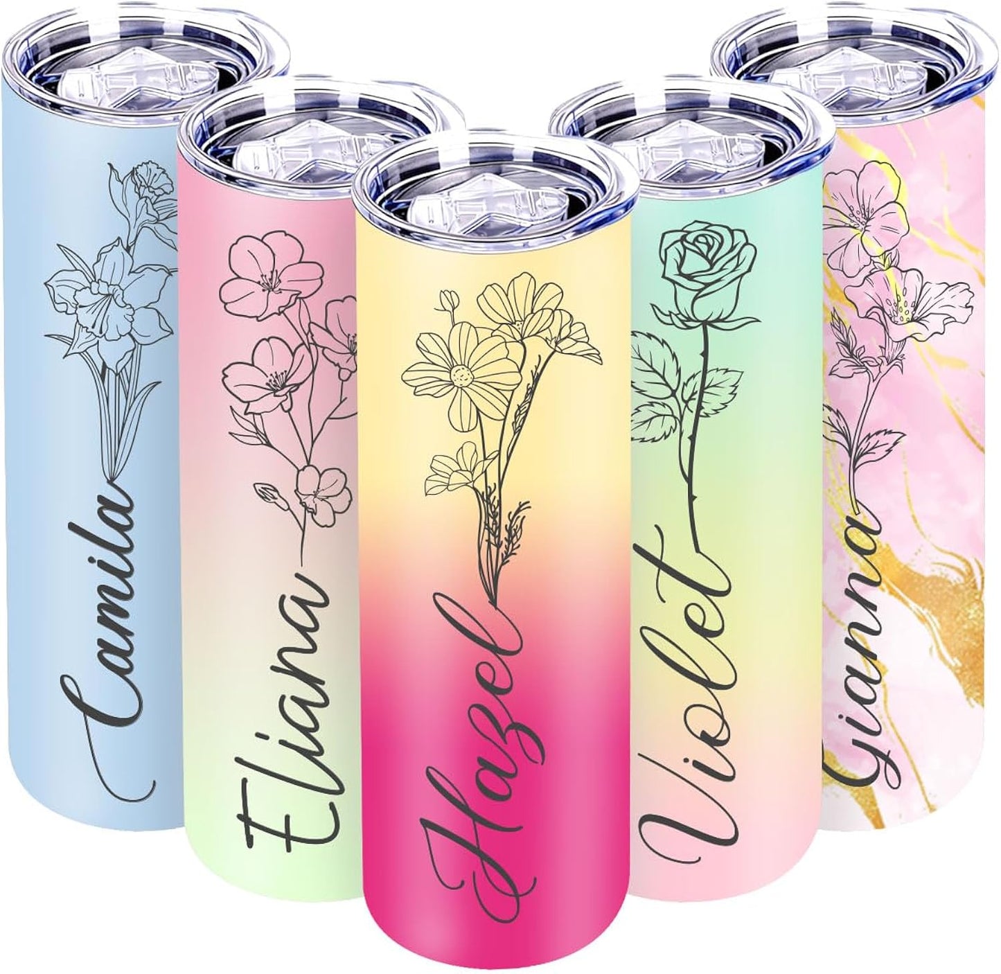 Personalized Tumbler with Name, Birth Flower, Text and Photo, Custom 20 Oz Stainless Steel Coffee Cup, Personalized Mother’s Day Birthday Gift for Women Mom Girlfriend Sister Coworker Best Friend