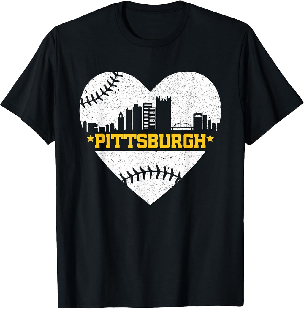 Pittsburgh Lovers Skyline Retro Baseball Heartbeat Men Women T-Shirt