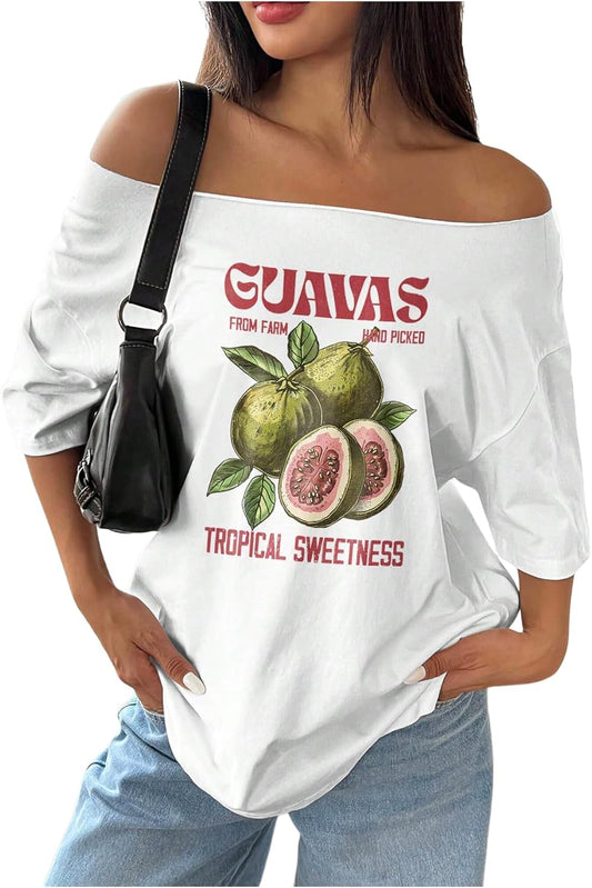 Women's Graphic Tees Off The Shoulder Short Sleeve Oversized T Shirt Vintage Summer Tops