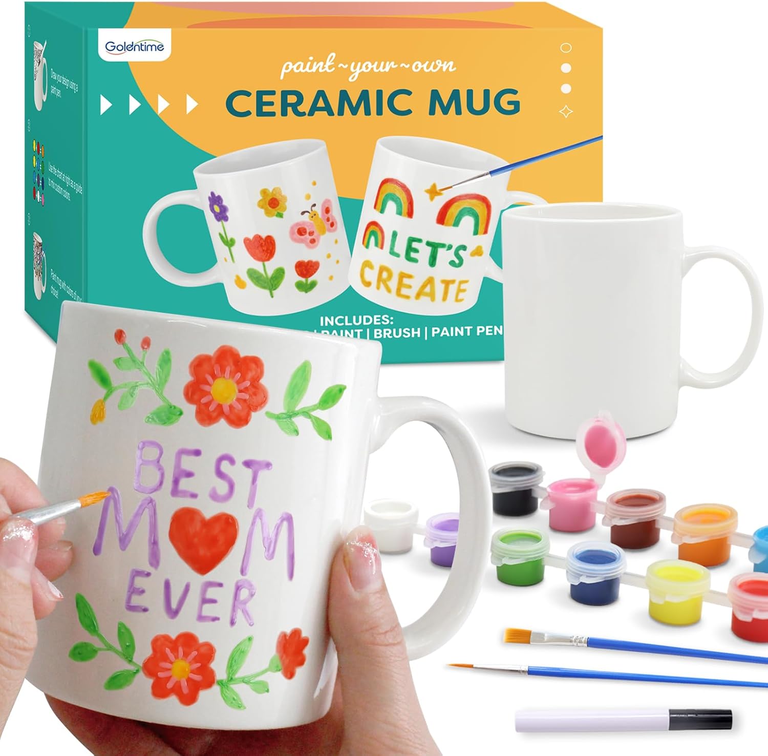 Paint Your Own Mug Kit | DIY Ceramic Painting Kit for Adults Kids | 2 Paintable Coffee Mugs, 12 Safe Paints, 2 Brushes & Ceramic Pen | Gifts for Mother's Day Father's Day Valentine & Christmas