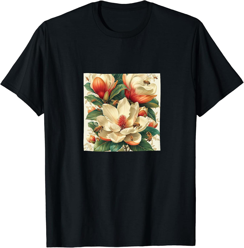 Magnolia Flower Blooming With Bees Around Merch