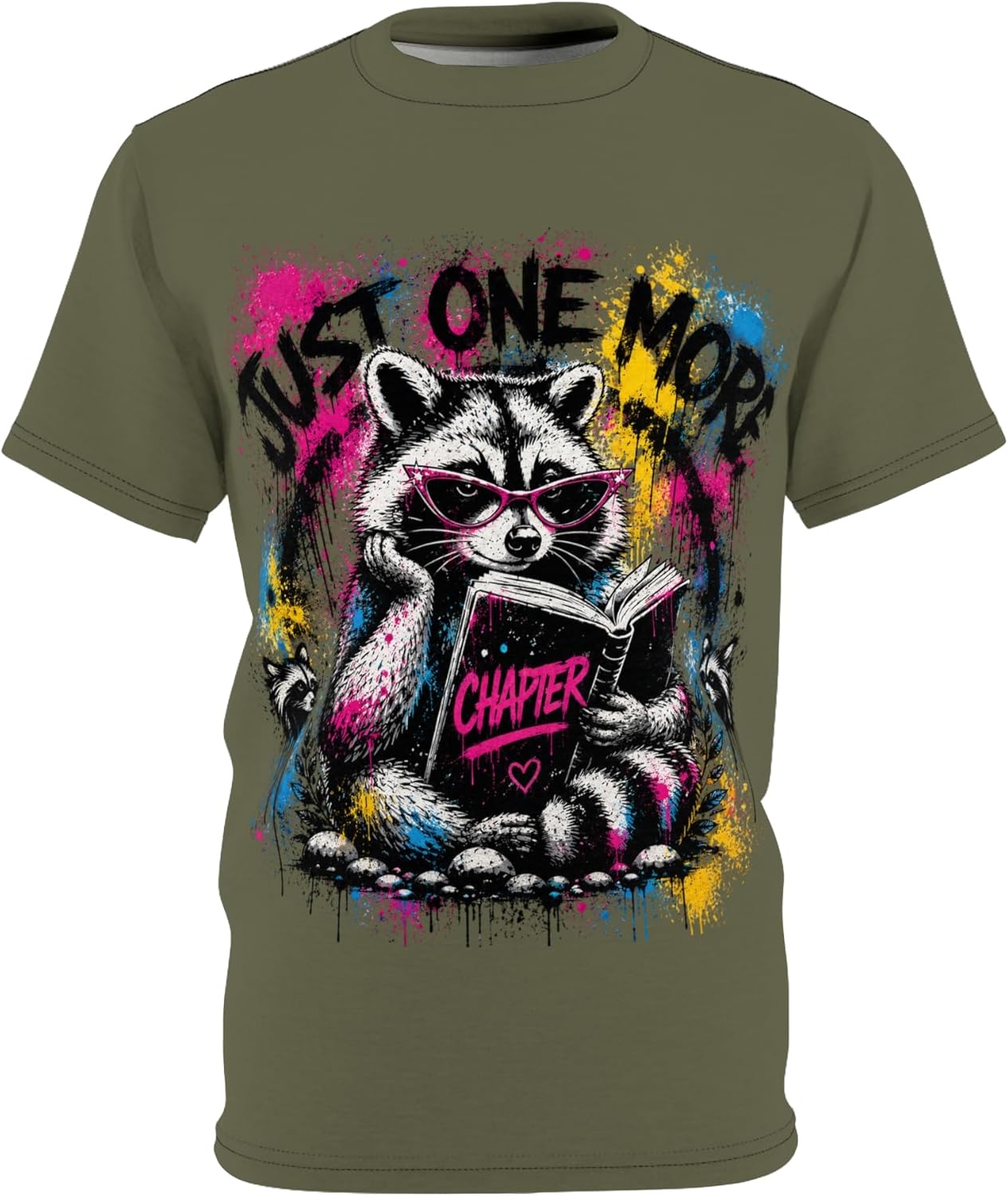 Just One More Chapter Raccoon T-Shirt - Neon Graffiti Streetwear Book Lover Gift - Unisex All-Over Print Reading Tee