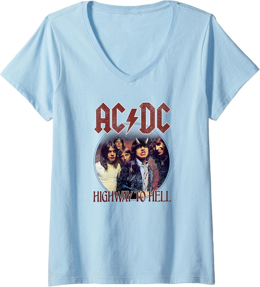 Womens Official AC/DC Rock Music Highway to Hell Circle Band Logo V-Neck T-Shirt
