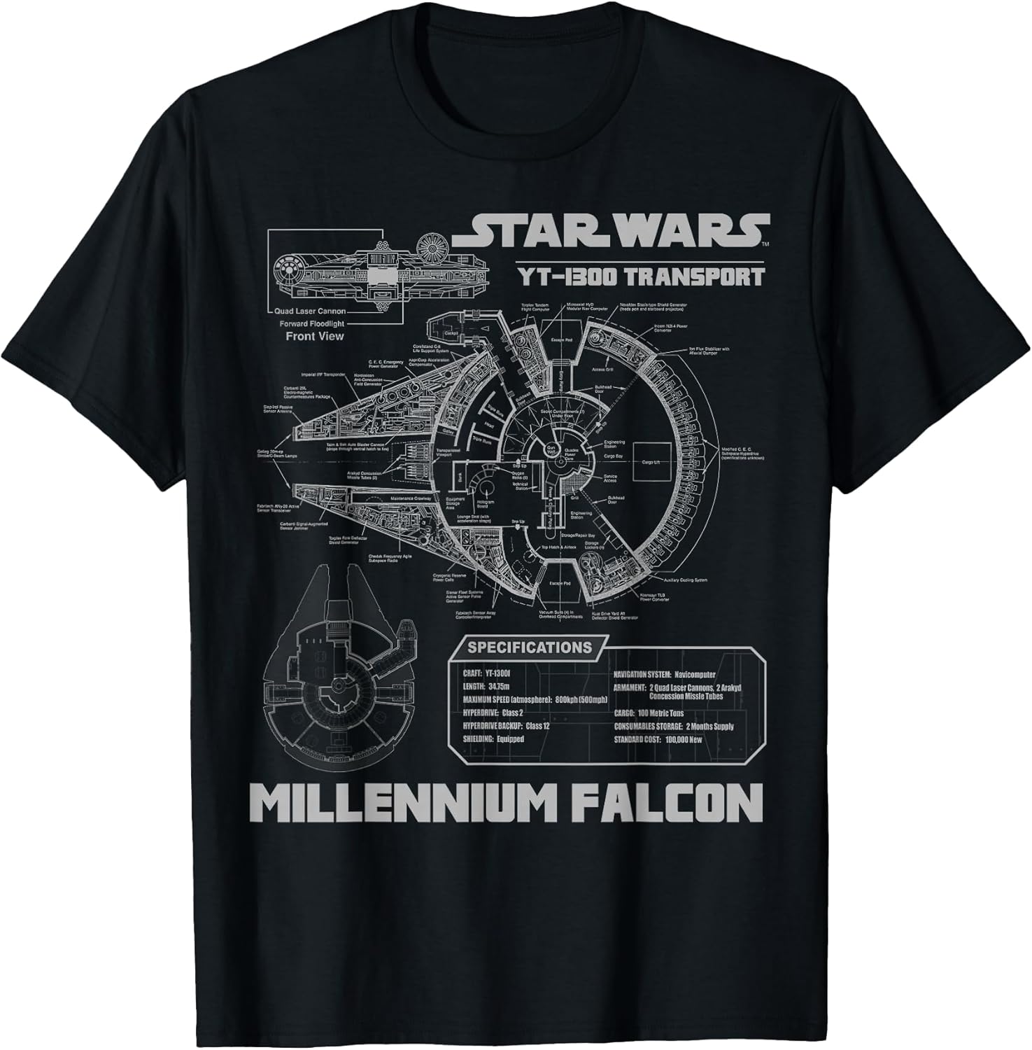 Millennium Falcon Grey Schematics Graphic T-Shirt T-Shirt