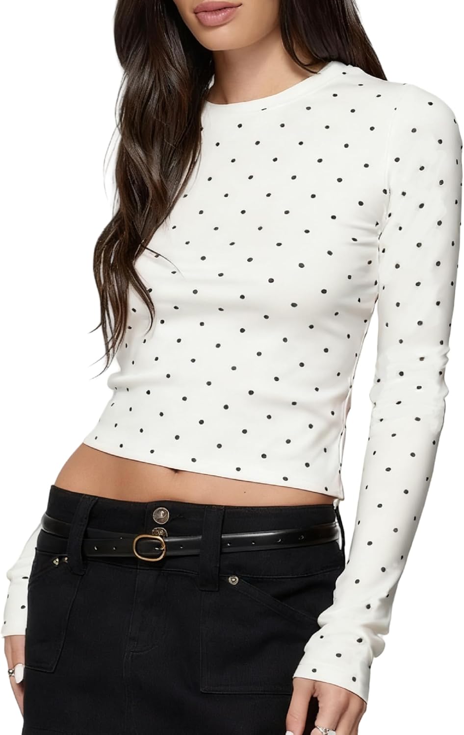 Women Y2k Long Sleeve Polka Dot Shirt Dot Print Slim Fit Crop Top Crew Neck Trendy Going Out Tee Shirt