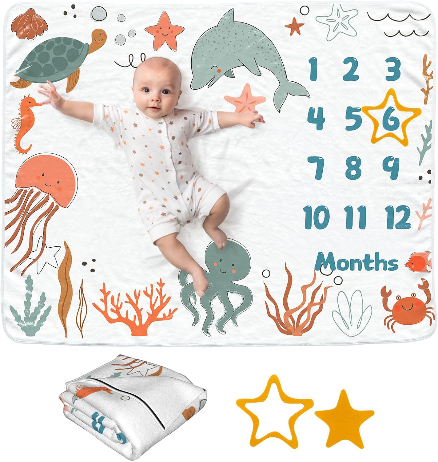 Ocean Baby Monthly Blanket for Girls, Newborn Month Blanket, Soft Flannel Photography Background Prop, Personalized Shower Gift, Ocean