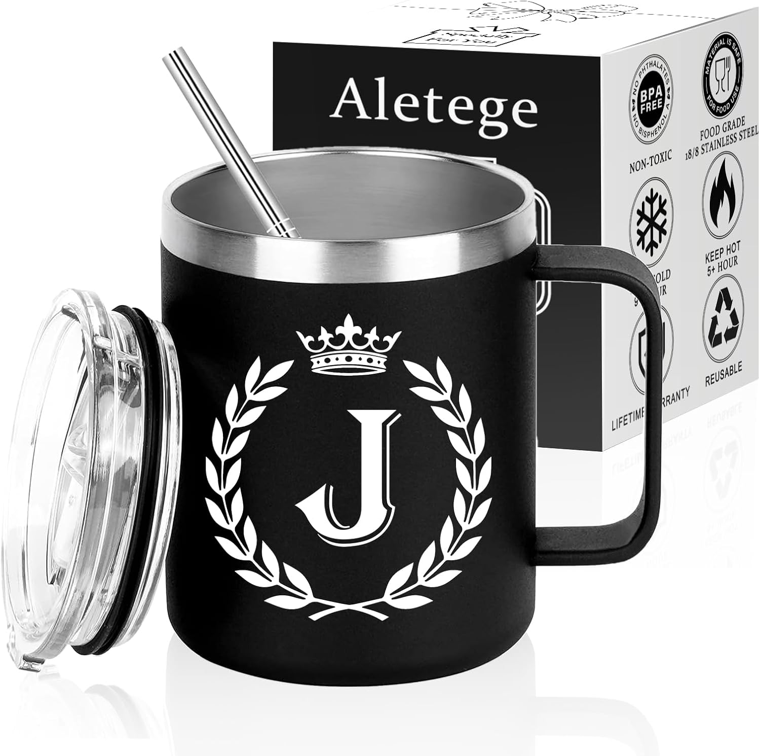 Personalized Mugs for Men, Letter J Insulated Coffee Mug with Lid and Handle, Letter J Gift Coffee Mugs for Men, Best Friend, Brother, Dad, Boyfriend, Grandpa, Grandfather, Husband 12OZ Black