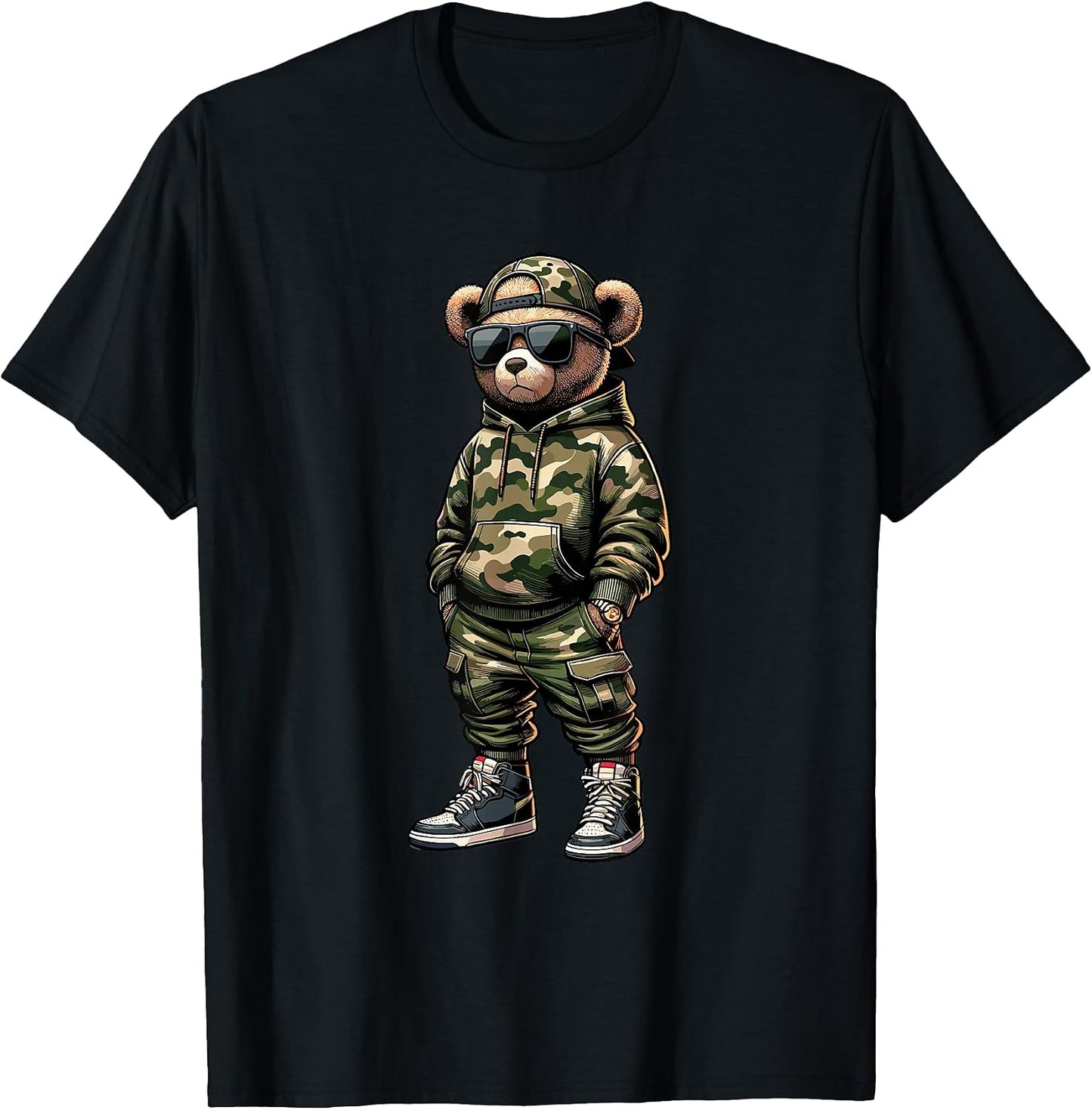 Camo Hip Hop Teddy Bear Cool Rapper Streetwear Graphic T-Shirt