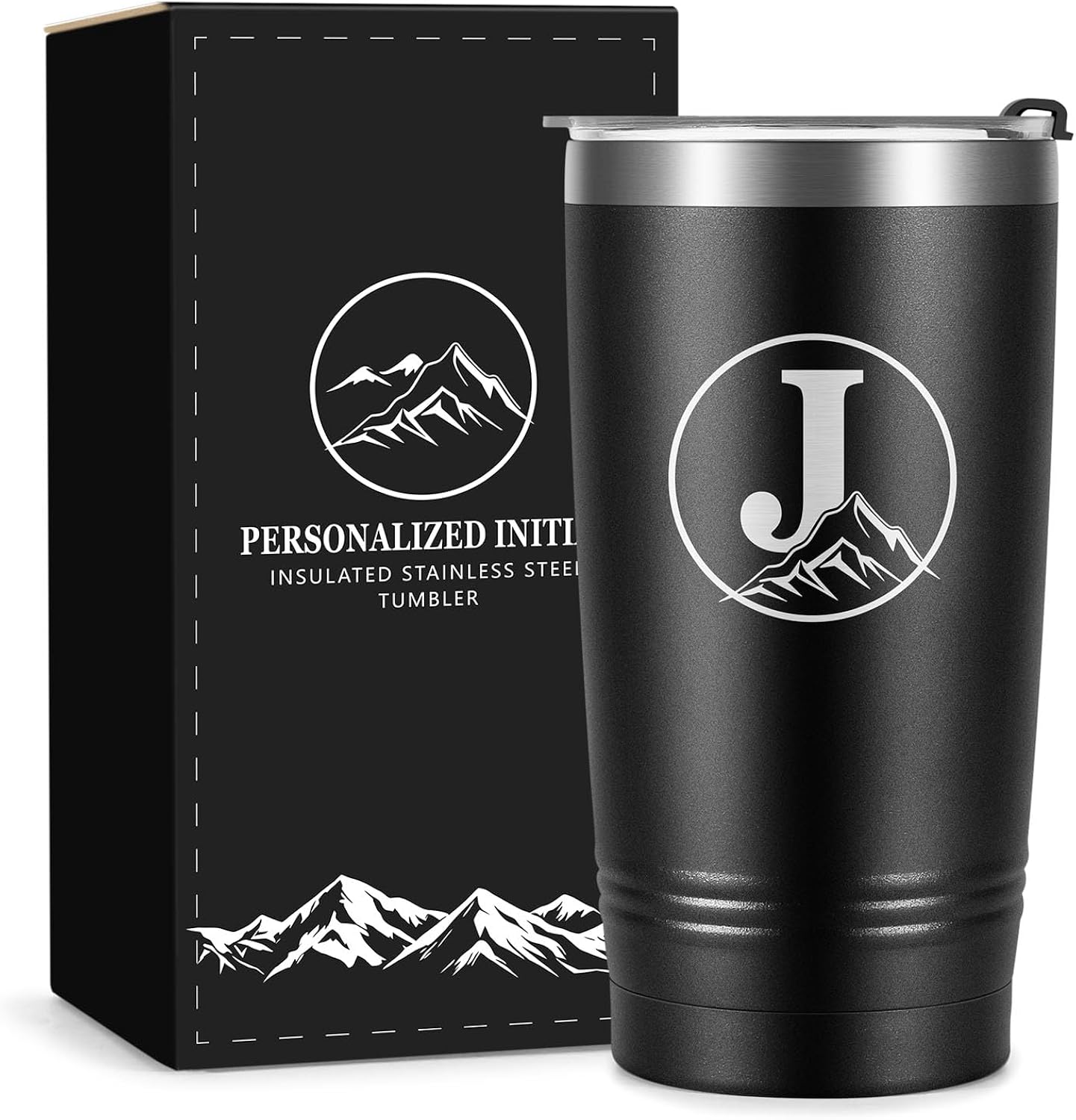 Wasocol Personalized Gifts for Men – Initial A-Z Insulated Tumbler, Birthday Gifts for Men Dad Grandpa Husband Boyfriend Brother Him, 20 oz Travel Coffee Mug with Lid(J)