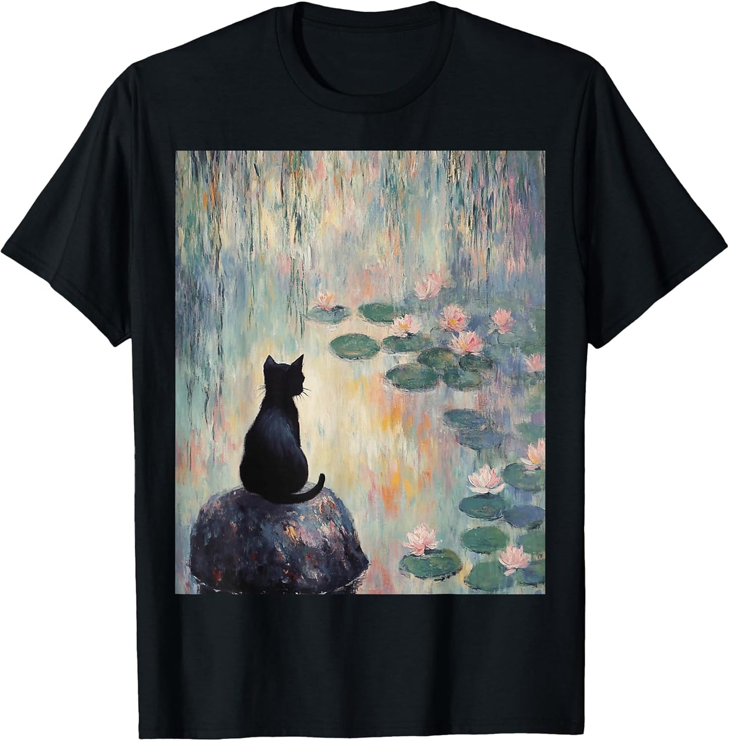 Monet Black Cat Water Lilies Art Cat Lover T-Shirt