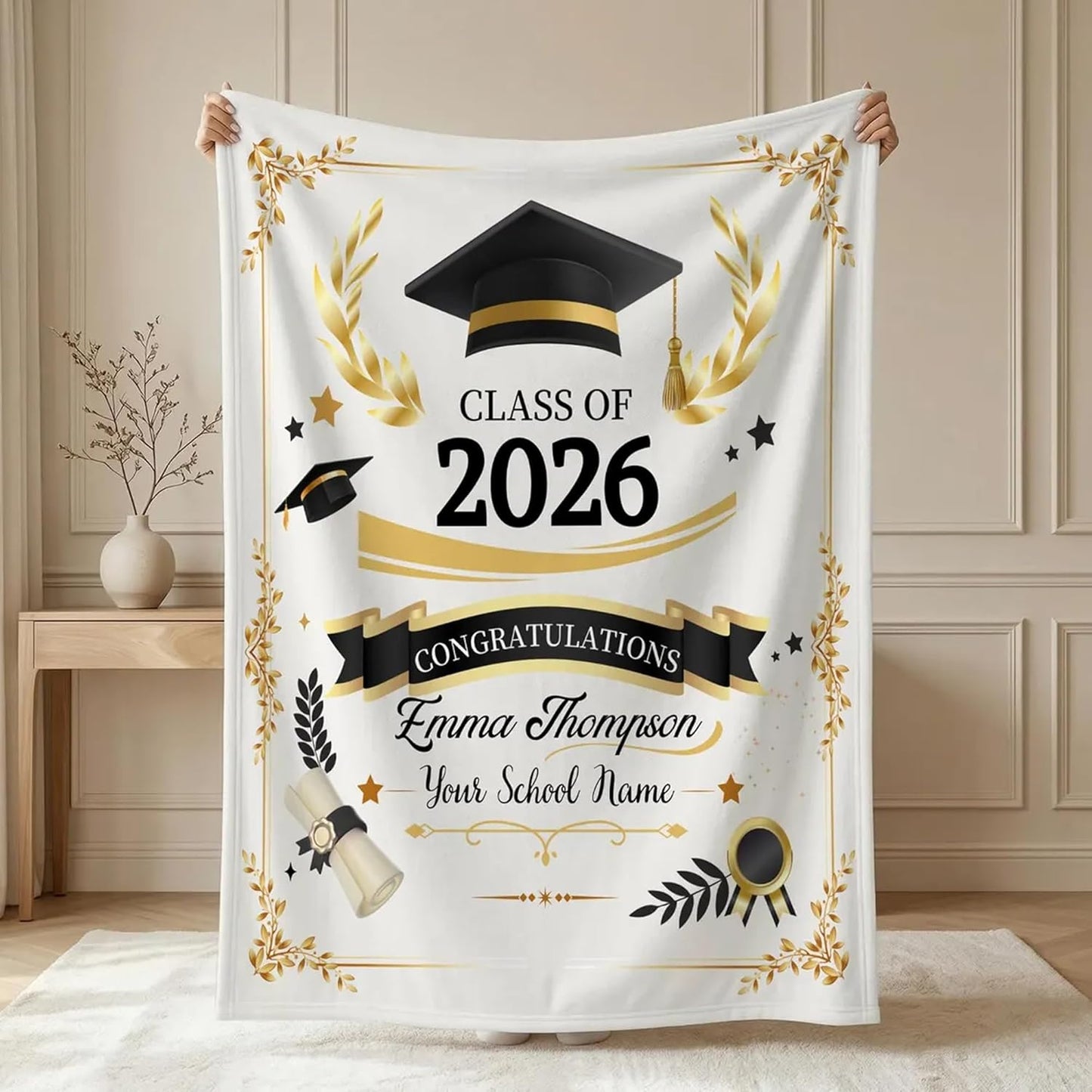 Personalized Graduation Blanket, Custom Name Class of 2026 Throw, Senior Keepsake Gift for Her Him, Custom School Design, Graduation Present Cozy Decor