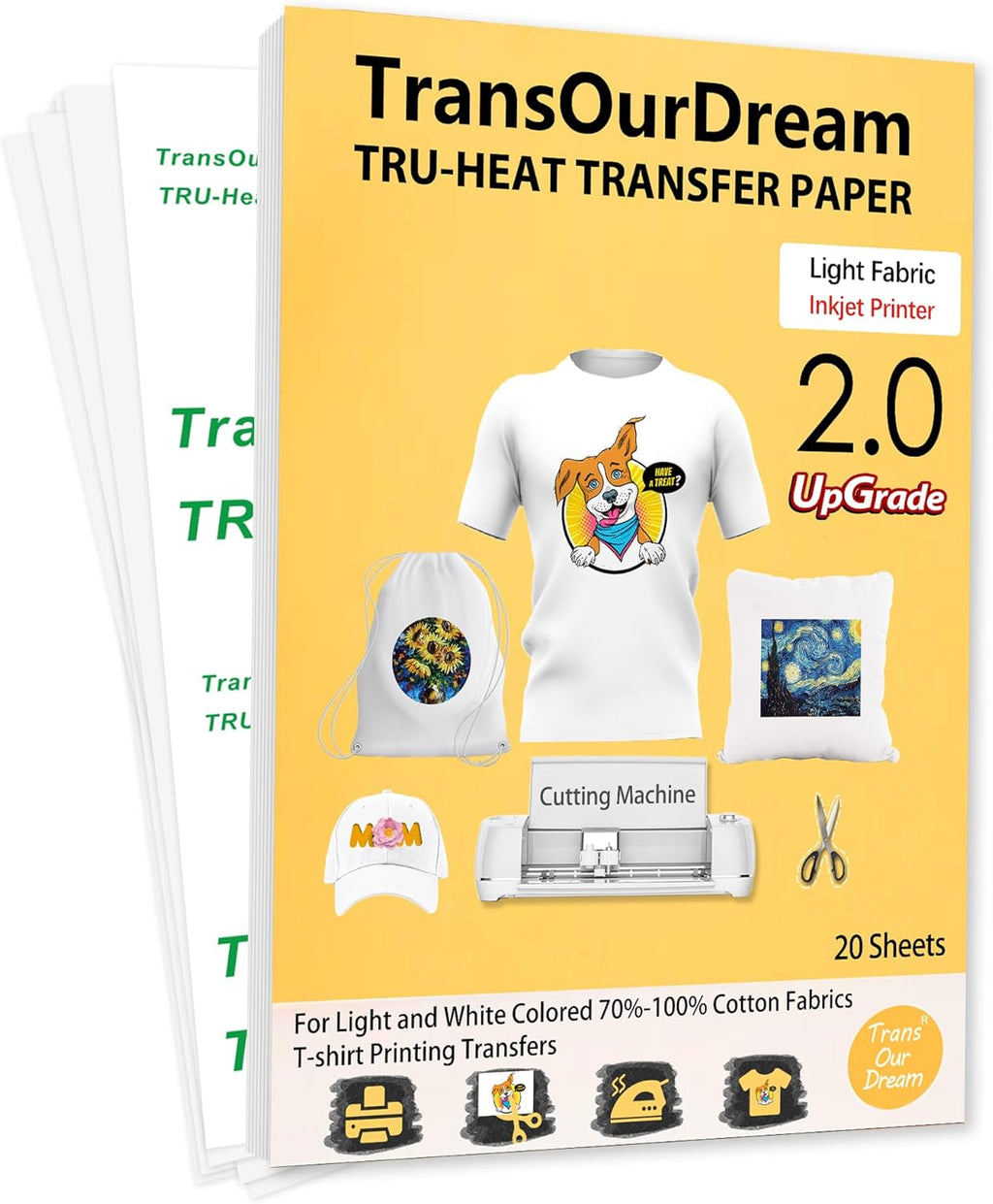 TransOurDream Upgraded Iron on Heat Transfer Paper for T Shirts (20 Sheets, 8.5x11) Iron on Transfers for Light Fabric Printable Heat Transfer Vinyl for Inkjet Printer (TOD-4)