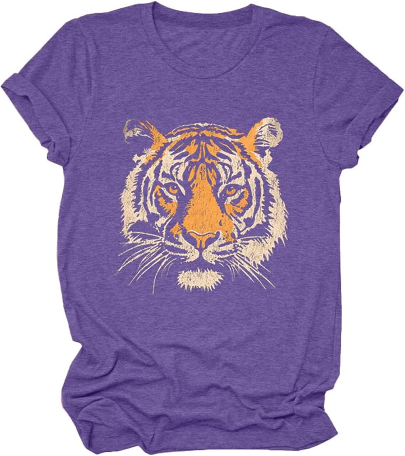Tiger Printed T-Shirt Women Cute Animal Tiger Face Graphic Novelty Casual Comfort Crewneck Short Sleeve Tops