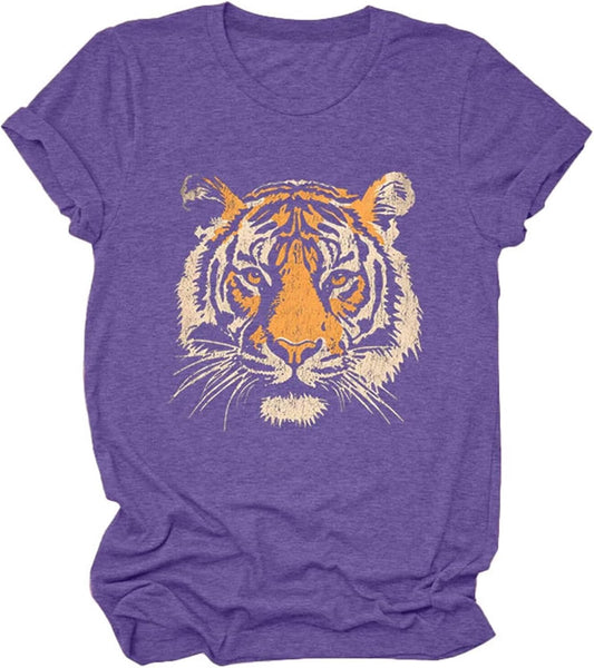 Tiger Printed T-Shirt Women Cute Animal Tiger Face Graphic Novelty Casual Comfort Crewneck Short Sleeve Tops