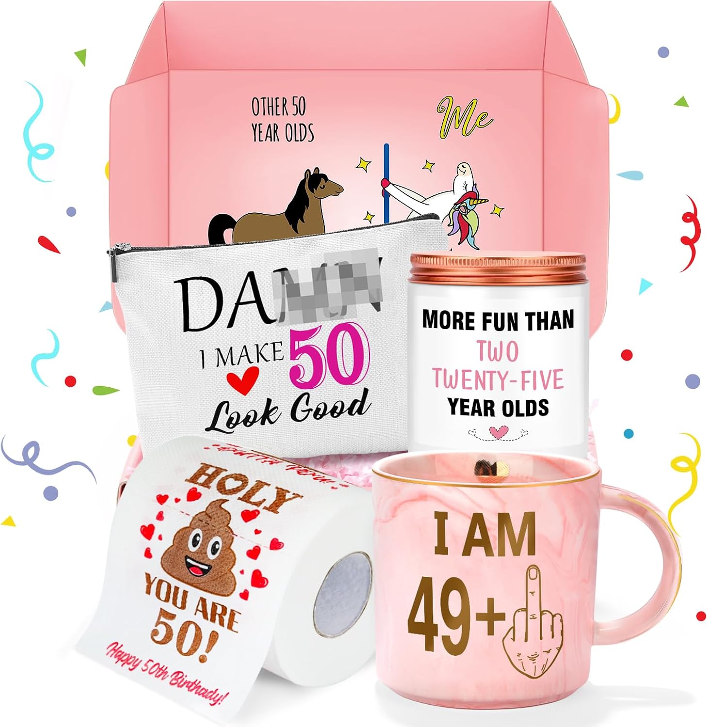 50th Birthday Gifts for Her Funny Happy 50th Birthday Decorations for Women 50 Year Old Gifts for Woman 50 and Fabulous Gift for Woman Sister Mom Best Friend Wife - Coffee Mug Makeup Bag Toilet Paper