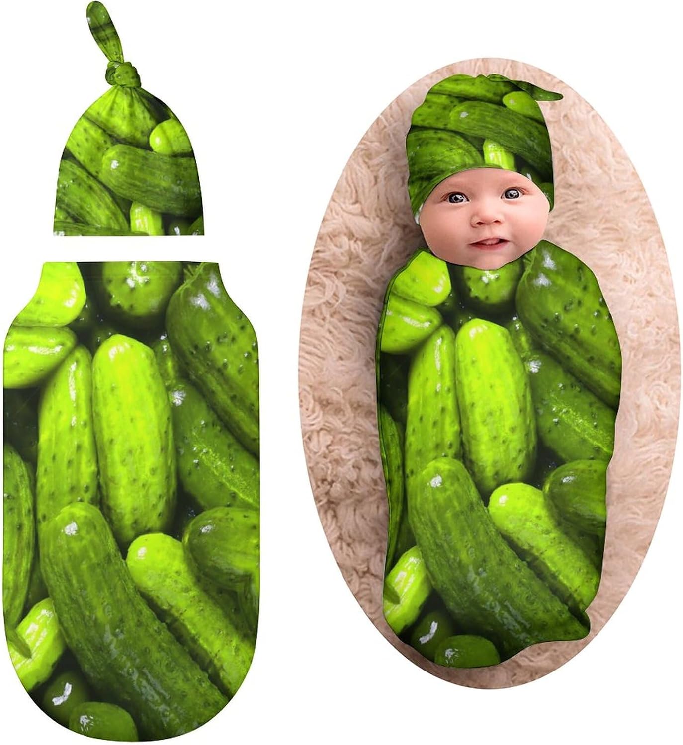 3D Funny Realistic Food Green Pickles Cucumbers Newborn Swaddle Blanket With Beanie Hat - Soft Baby Sleep Sack, Receiving Blanket, Wraps - Gifts for Boys Girls Infant