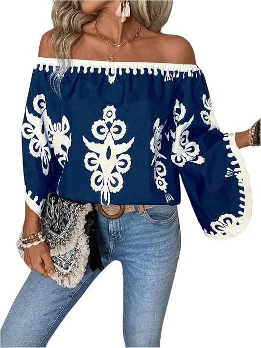 Women's Off The Shoulder Bell Long Sleeve Top Allover Print Blouse Shirts